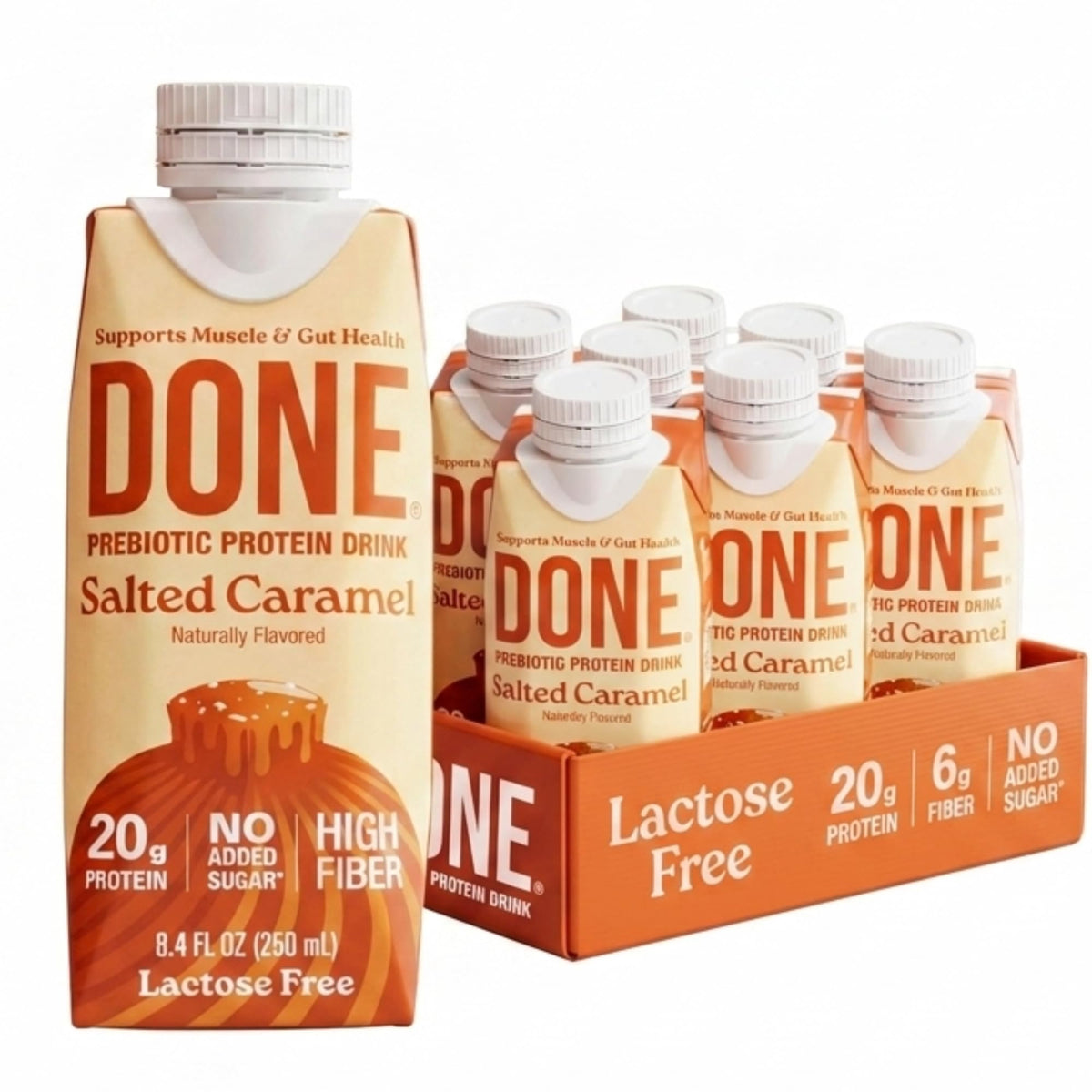 Done Prebiotic Protein Shake, Chocolate, 20g Protein, 8.4oz, 8 Pack | 20g Whey Protein, High Fiber, Prebiotic, Lactose & Gluten Free, No Added Sugar, Ready-to-Drink Shake, 8-Pack