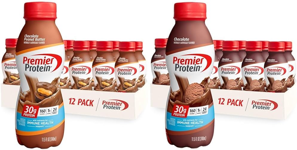 Premier Protein Shake Chocolate & Chocolate Peanut Butter Flavors, 30g Protein, 1g Sugar, 24 Vitamins & Minerals, 11.5 Fl Oz, 12 Count