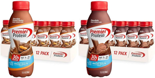 Premier Protein Shake Chocolate & Chocolate Peanut Butter Flavors, 30g Protein, 1g Sugar, 24 Vitamins & Minerals, 11.5 Fl Oz, 12 Count