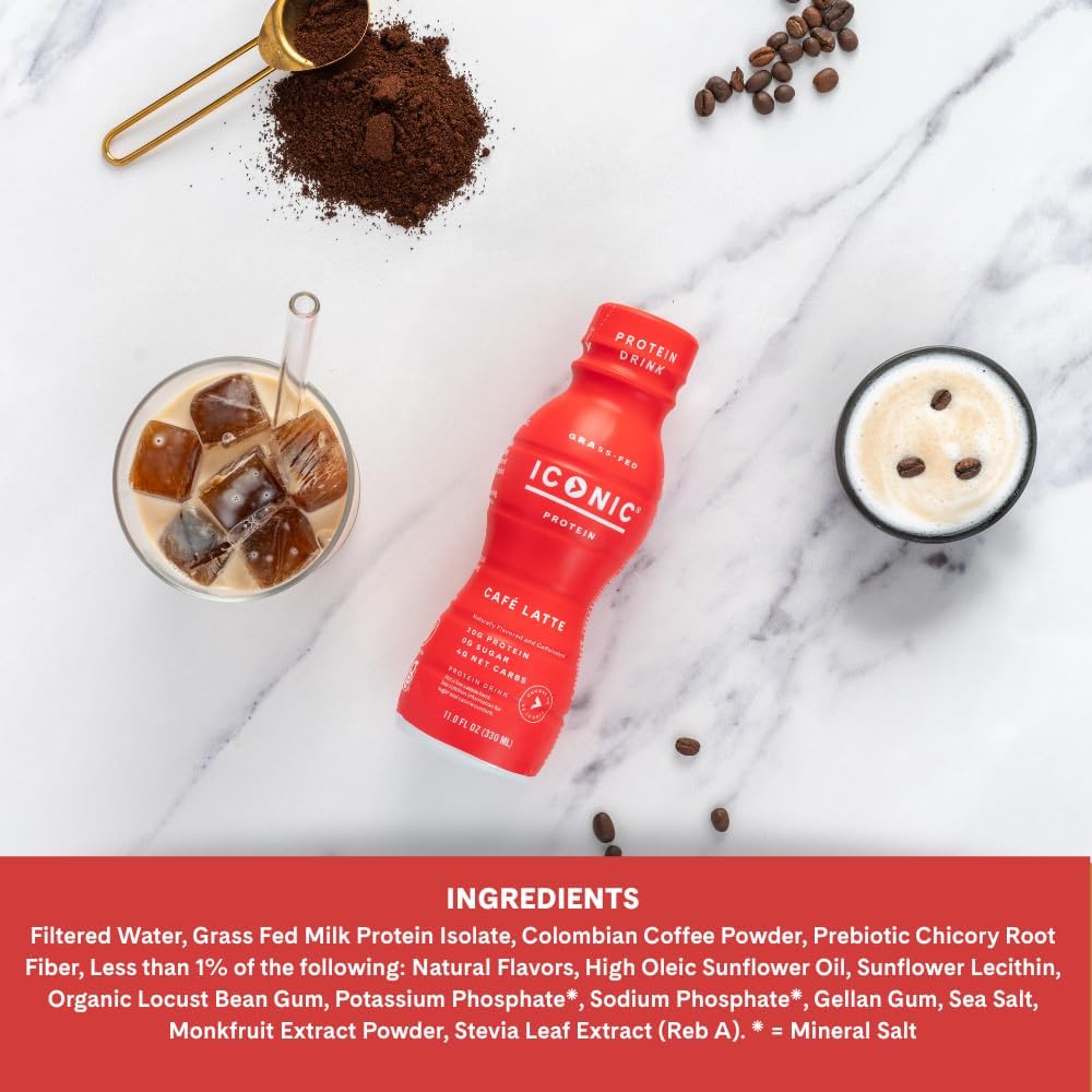 Iconic Protein Drinks, Café Latte (12 Pack) - Sugar Free & Low Carb - 20g Protein + 100mg Caffeine - Lactose Free, Gluten Free - Keto Friendly Protein Coffee