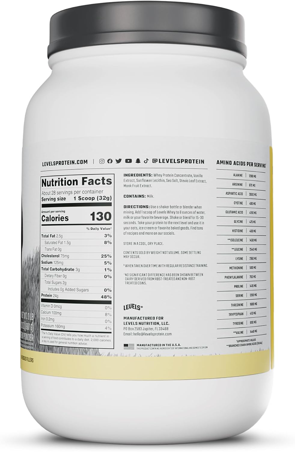 Levels Whey Protein Powder, No Artificial Ingredients, Vanilla Bean, 2LB | 24G of Protein, 5.4G BCAAs, Clean Ingredients, Hormone Free Dairy, No Fillers, No Added Sugar, No Junk