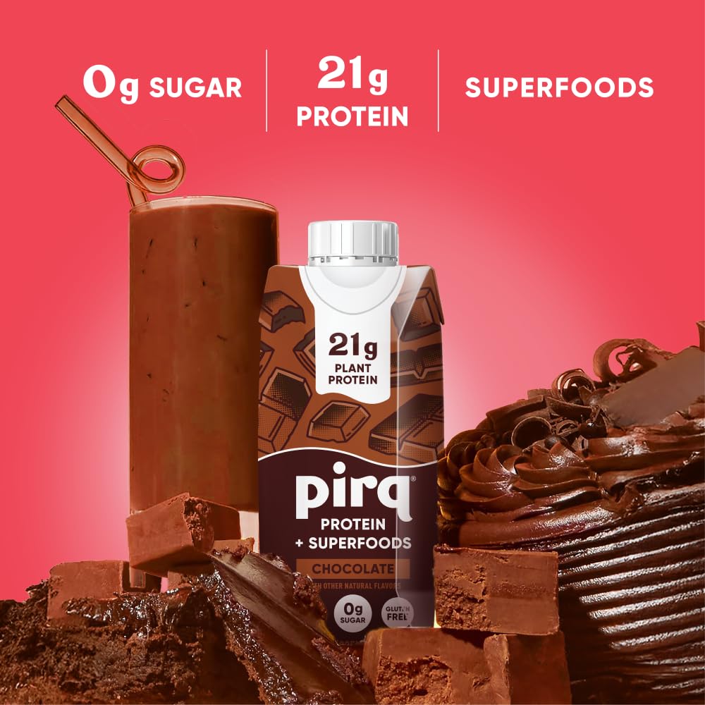 Pirq, 21g Dairy Free Protein Shake, 25 Superfoods, 0g Sugar, Plant-Based Protein Drink, Gluten-Free, Vegan, Kosher, Keto, Low Carb, Low Calorie (12 Pack) (Chocolate)