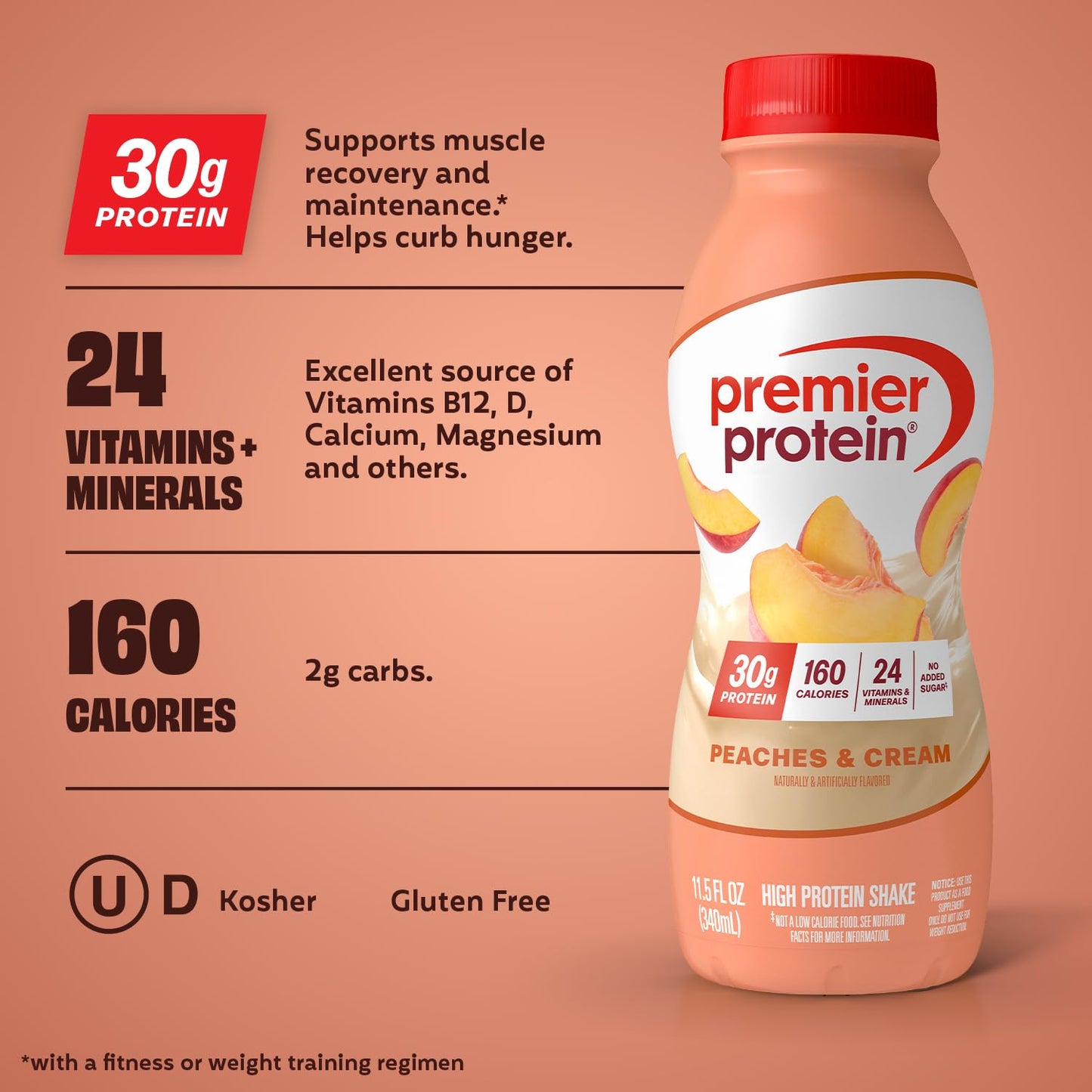 Premier Protein Shake, Peaches & Cream, 30g High Protein, 12 Pack
