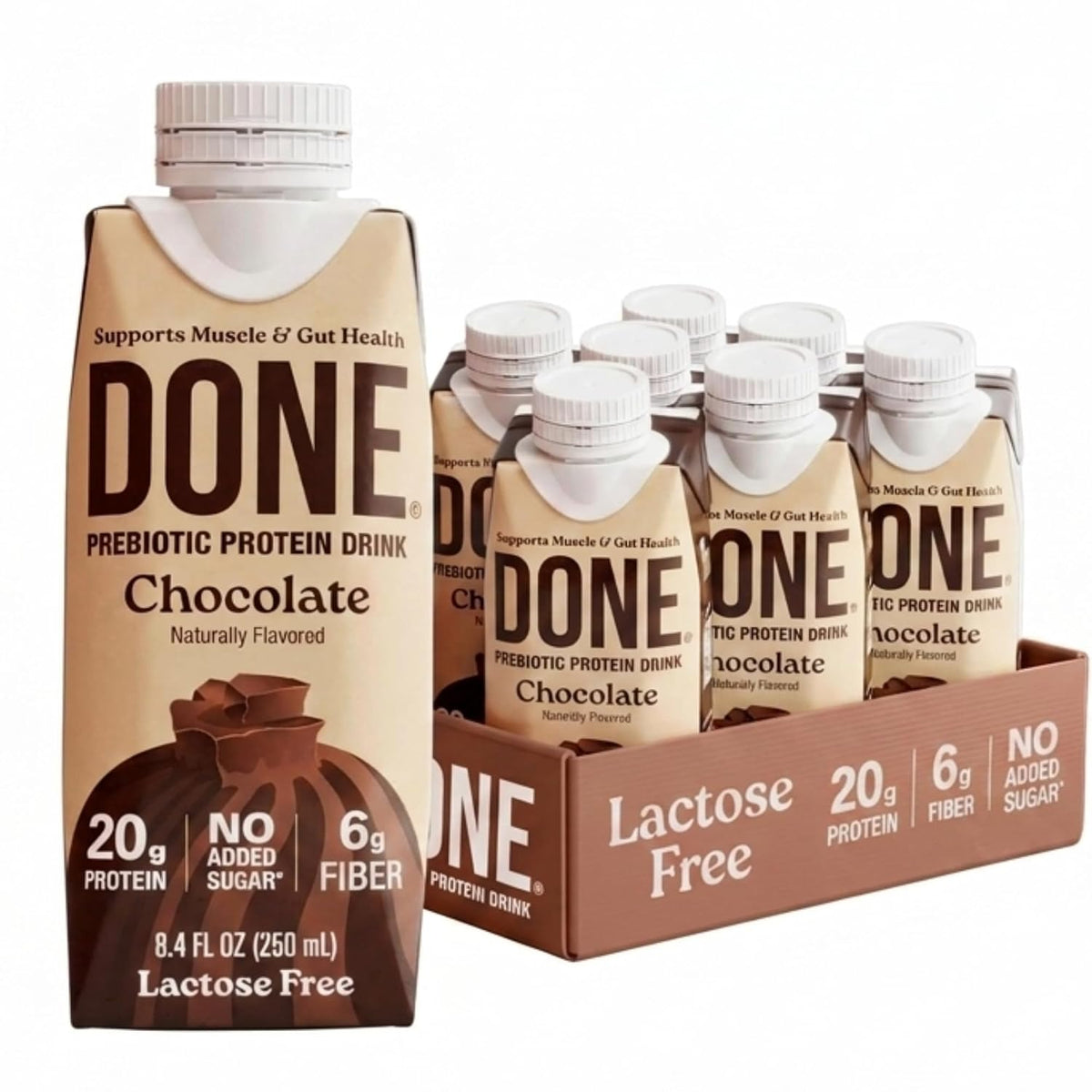 Done Prebiotic Protein Shake, Chocolate, 20g Protein, 8.4oz, 8 Pack | 20g Whey Protein, High Fiber, Prebiotic, Lactose & Gluten Free, No Added Sugar, Ready-to-Drink Shake, 8-Pack