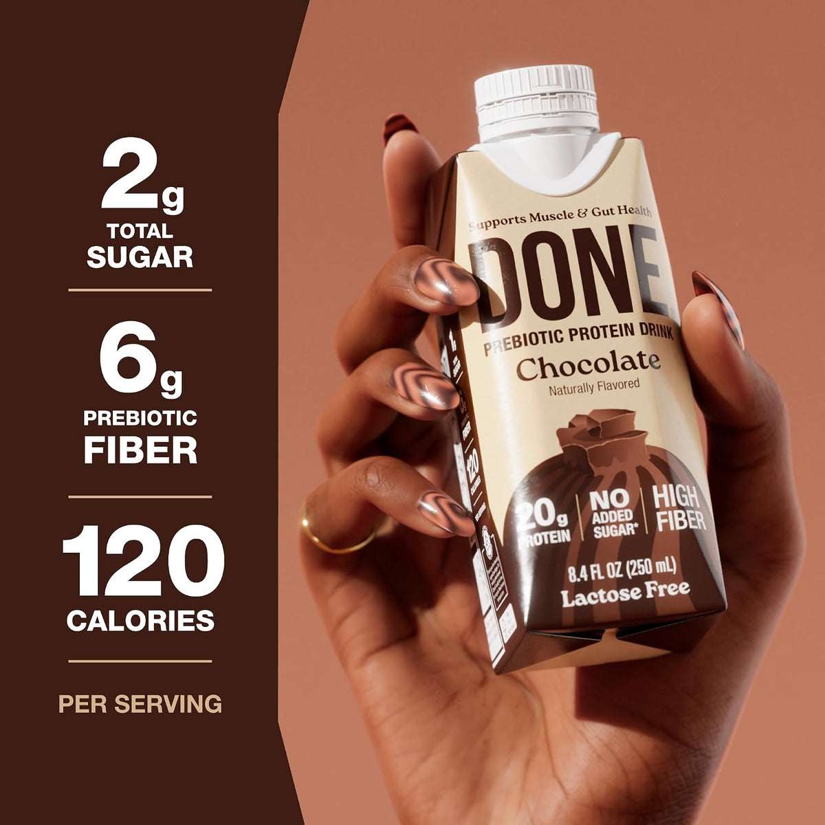 Done Prebiotic Protein Shake, Chocolate, 20g Protein, 8.4oz, 8 Pack | 20g Whey Protein, High Fiber, Prebiotic, Lactose & Gluten Free, No Added Sugar, Ready-to-Drink Shake, 8-Pack