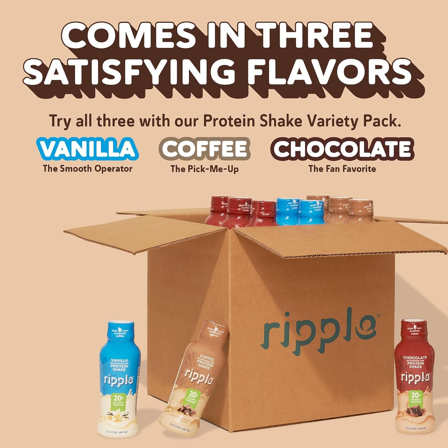 Ripple Coffee Plant Based Protein Shake | 20g of Quality Sourced Pea Protein, 100mg Caffeine, Calcium | Shelf Stable | Vegan & Non GMO | Dairy, Soy, Nut, & Gluten Free | 12 Fl Oz Bottles (Pack of 12)