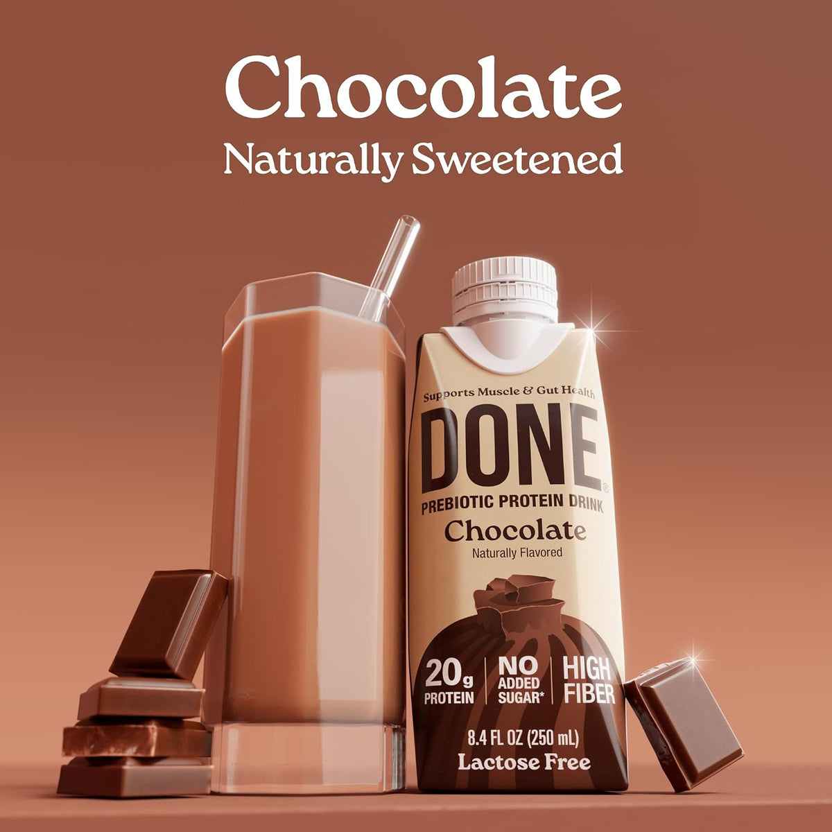 Done Prebiotic Protein Shake, Chocolate, 20g Protein, 8.4oz, 8 Pack | 20g Whey Protein, High Fiber, Prebiotic, Lactose & Gluten Free, No Added Sugar, Ready-to-Drink Shake, 8-Pack