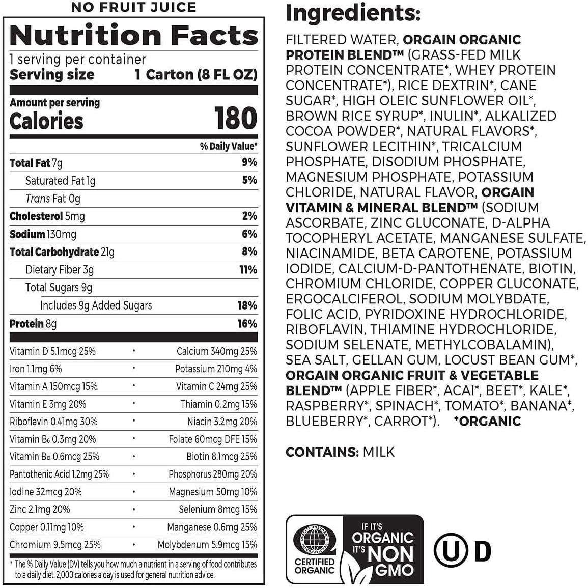 Orgain USDA Organic Kids Nutritional Protein Shake, Chocolate, 8 fl oz, 24-pack