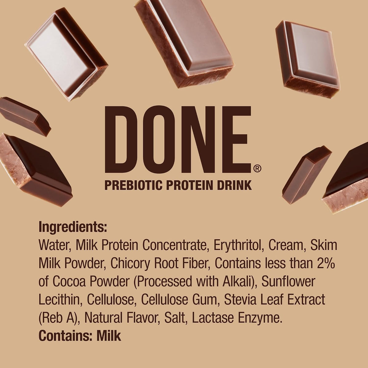 Done Prebiotic Protein Shake, Chocolate, 20g Protein, 8.4oz, 8 Pack | 20g Whey Protein, High Fiber, Prebiotic, Lactose & Gluten Free, No Added Sugar, Ready-to-Drink Shake, 8-Pack