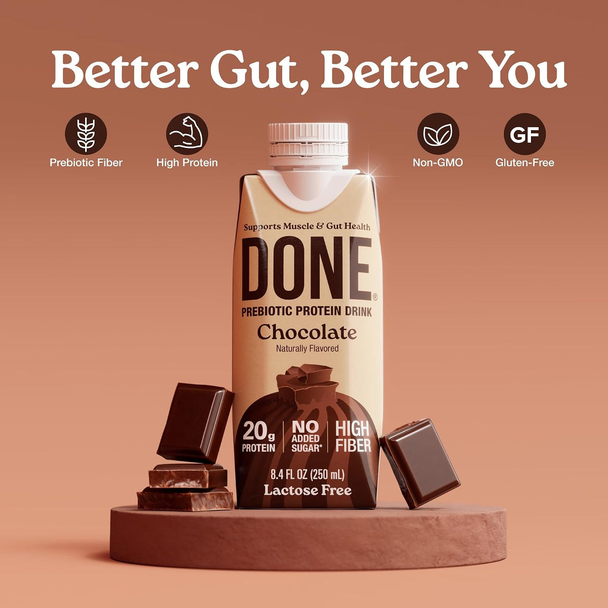Done Prebiotic Protein Shake, Chocolate, 20g Protein, 8.4oz, 8 Pack | 20g Whey Protein, High Fiber, Prebiotic, Lactose & Gluten Free, No Added Sugar, Ready-to-Drink Shake, 8-Pack