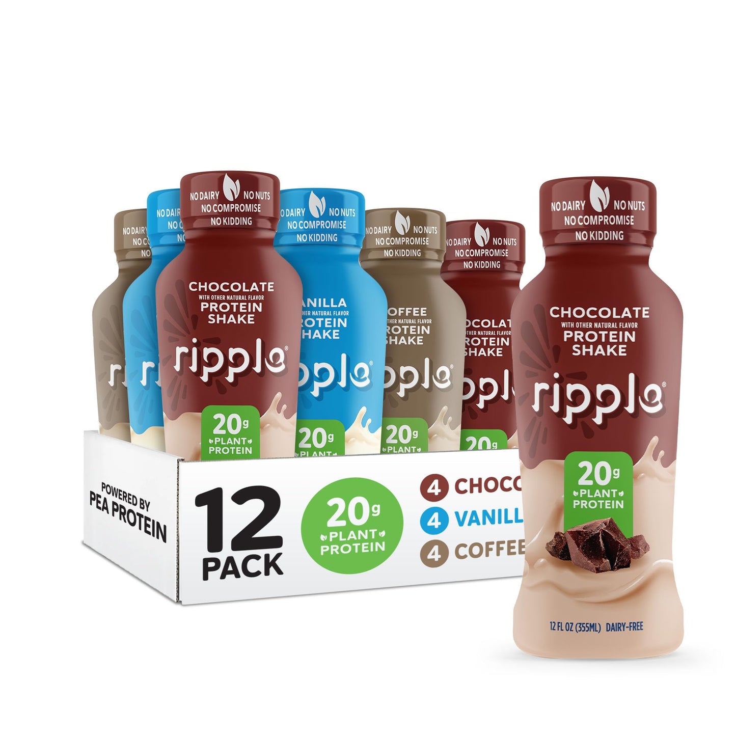 Ripple Coffee Plant Based Protein Shake | 20g of Quality Sourced Pea Protein, 100mg Caffeine, Calcium | Shelf Stable | Vegan & Non GMO | Dairy, Soy, Nut, & Gluten Free | 12 Fl Oz Bottles (Pack of 12)