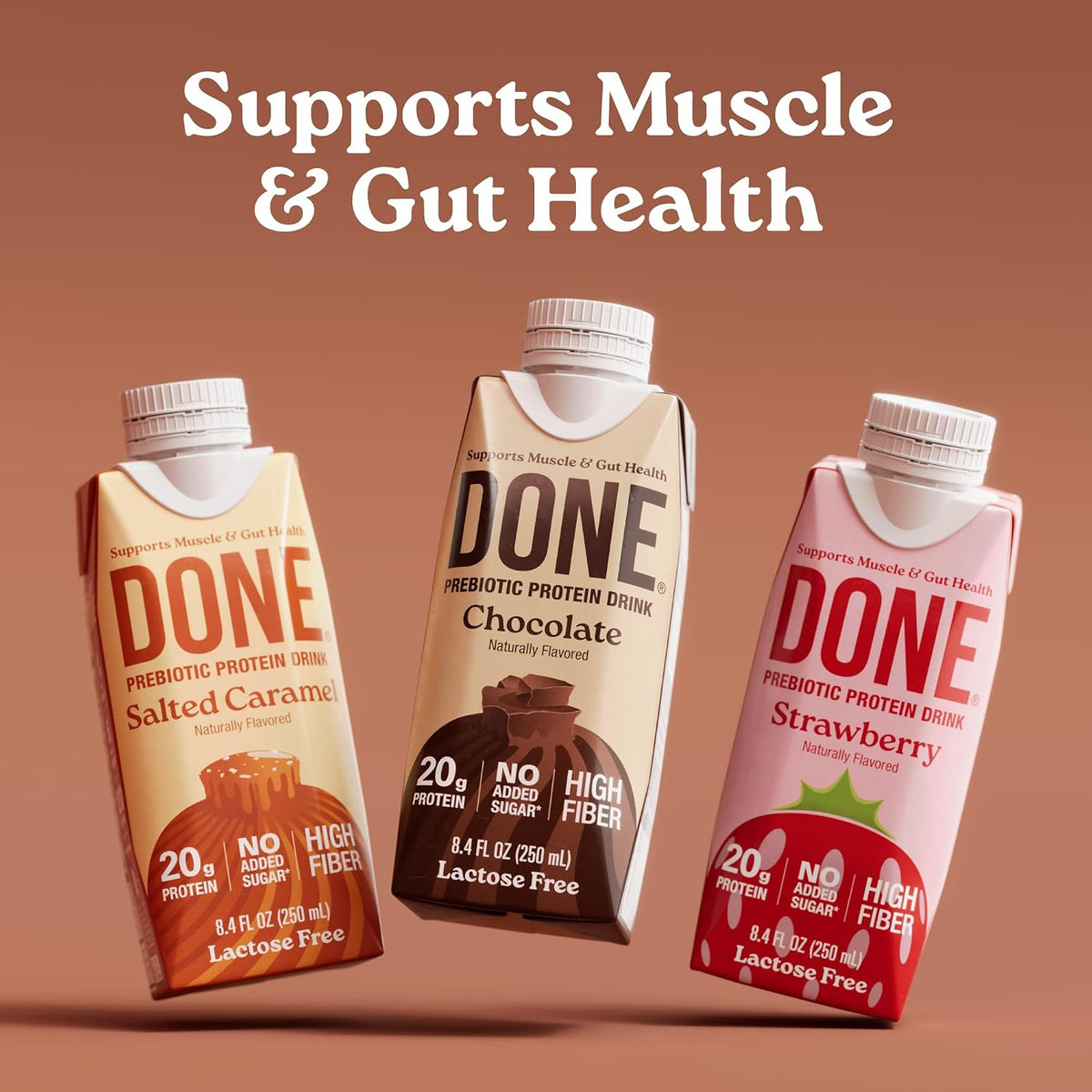 Done Prebiotic Protein Shake, Chocolate, 20g Protein, 8.4oz, 8 Pack | 20g Whey Protein, High Fiber, Prebiotic, Lactose & Gluten Free, No Added Sugar, Ready-to-Drink Shake, 8-Pack