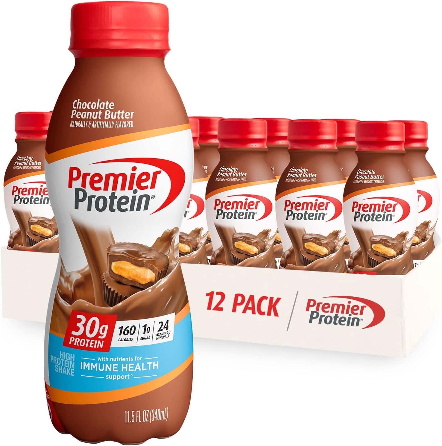 Premier Protein Shake Chocolate & Chocolate Peanut Butter Flavors, 30g Protein, 1g Sugar, 24 Vitamins & Minerals, 11.5 Fl Oz, 12 Count
