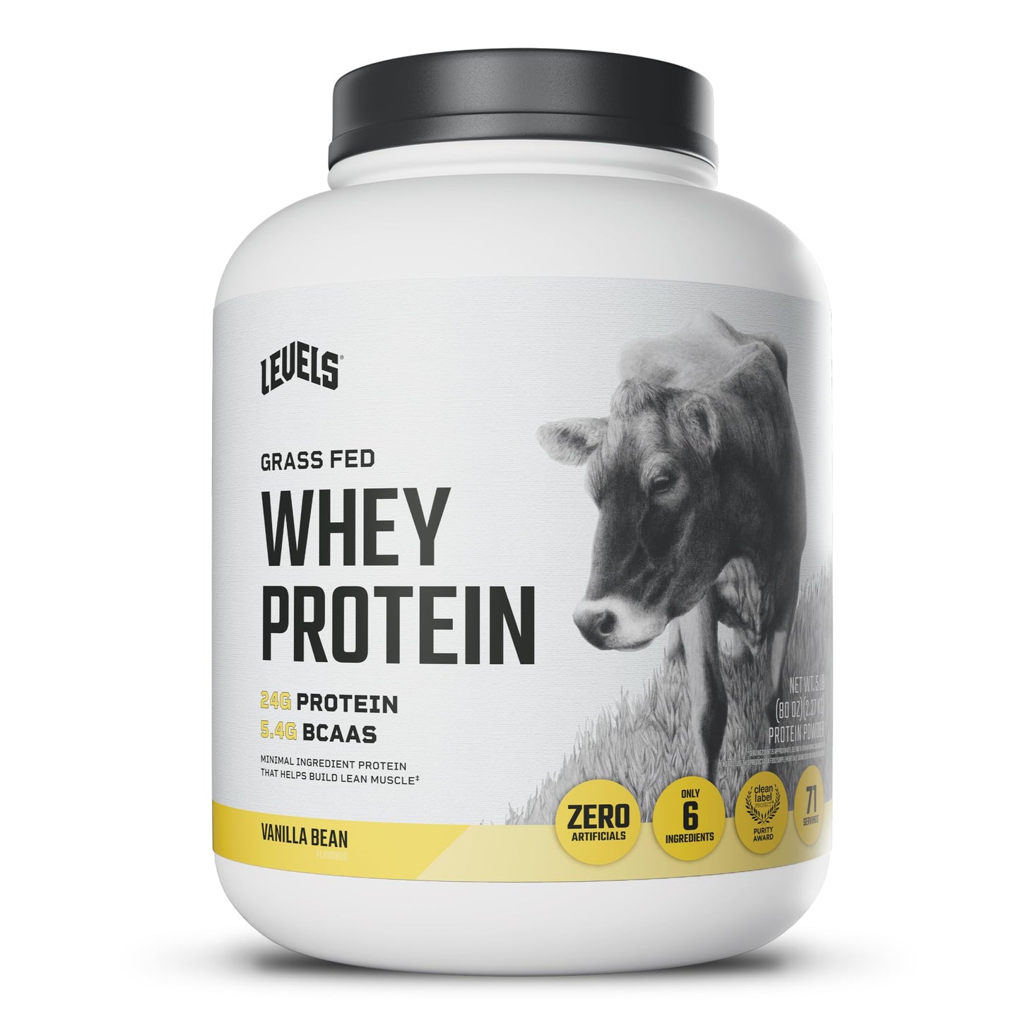 Levels Whey Protein Powder, No Artificial Ingredients, Vanilla Bean, 2LB | 24G of Protein, 5.4G BCAAs, Clean Ingredients, Hormone Free Dairy, No Fillers, No Added Sugar, No Junk