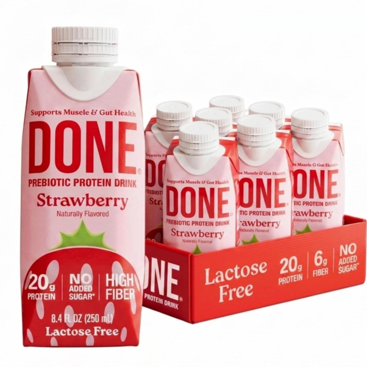 Done Prebiotic Protein Shake, Chocolate, 20g Protein, 8.4oz, 8 Pack | 20g Whey Protein, High Fiber, Prebiotic, Lactose & Gluten Free, No Added Sugar, Ready-to-Drink Shake, 8-Pack