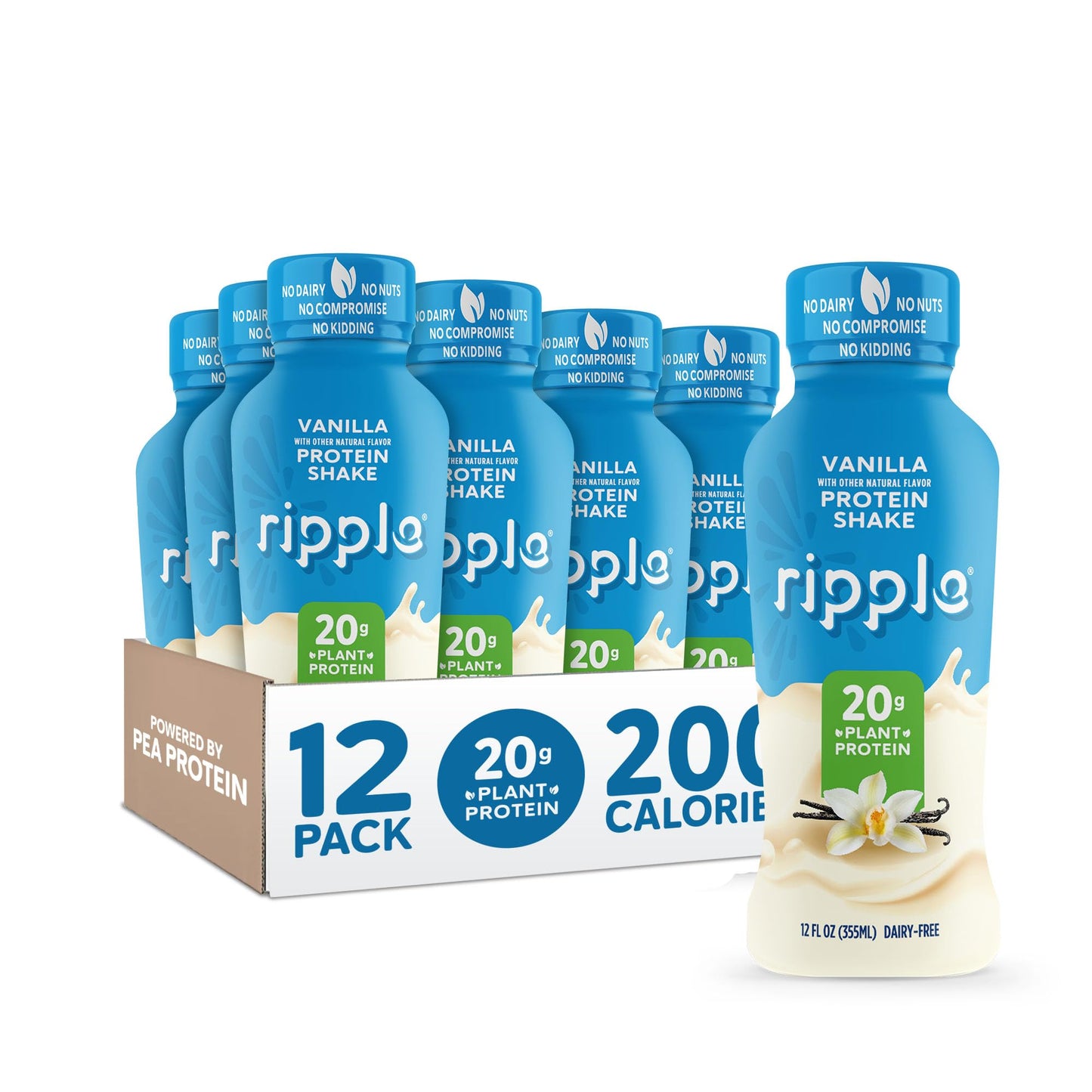 Ripple Coffee Plant Based Protein Shake | 20g of Quality Sourced Pea Protein, 100mg Caffeine, Calcium | Shelf Stable | Vegan & Non GMO | Dairy, Soy, Nut, & Gluten Free | 12 Fl Oz Bottles (Pack of 12)