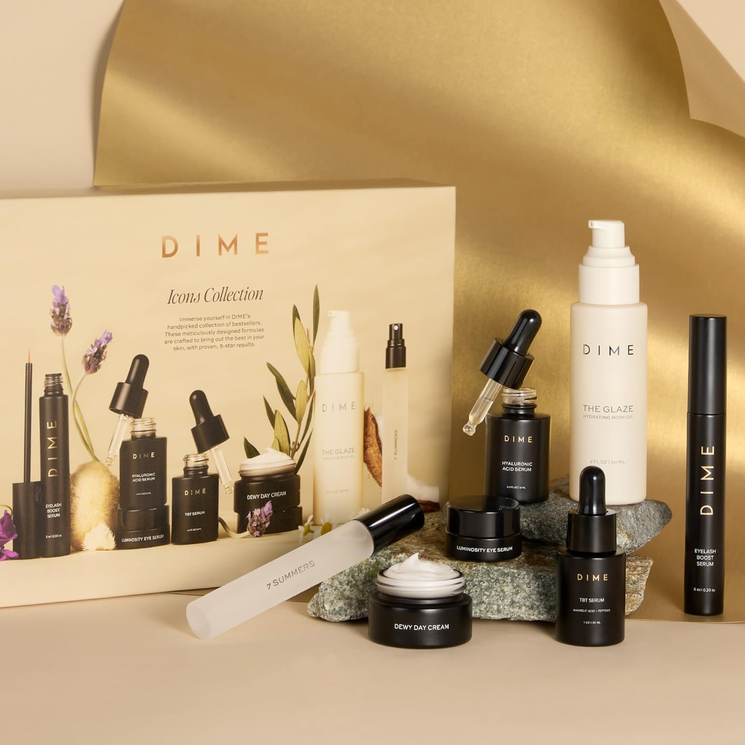 DIME Beauty Icons Collection - Travel Size Skincare Discovery Set Includes 7 Summers Perfume, Eyelash Boost Serum, Luminosity Eye, Glaze Body Oil, Hyaluronic Acid, Dewy Day Cream, TBT Serum
