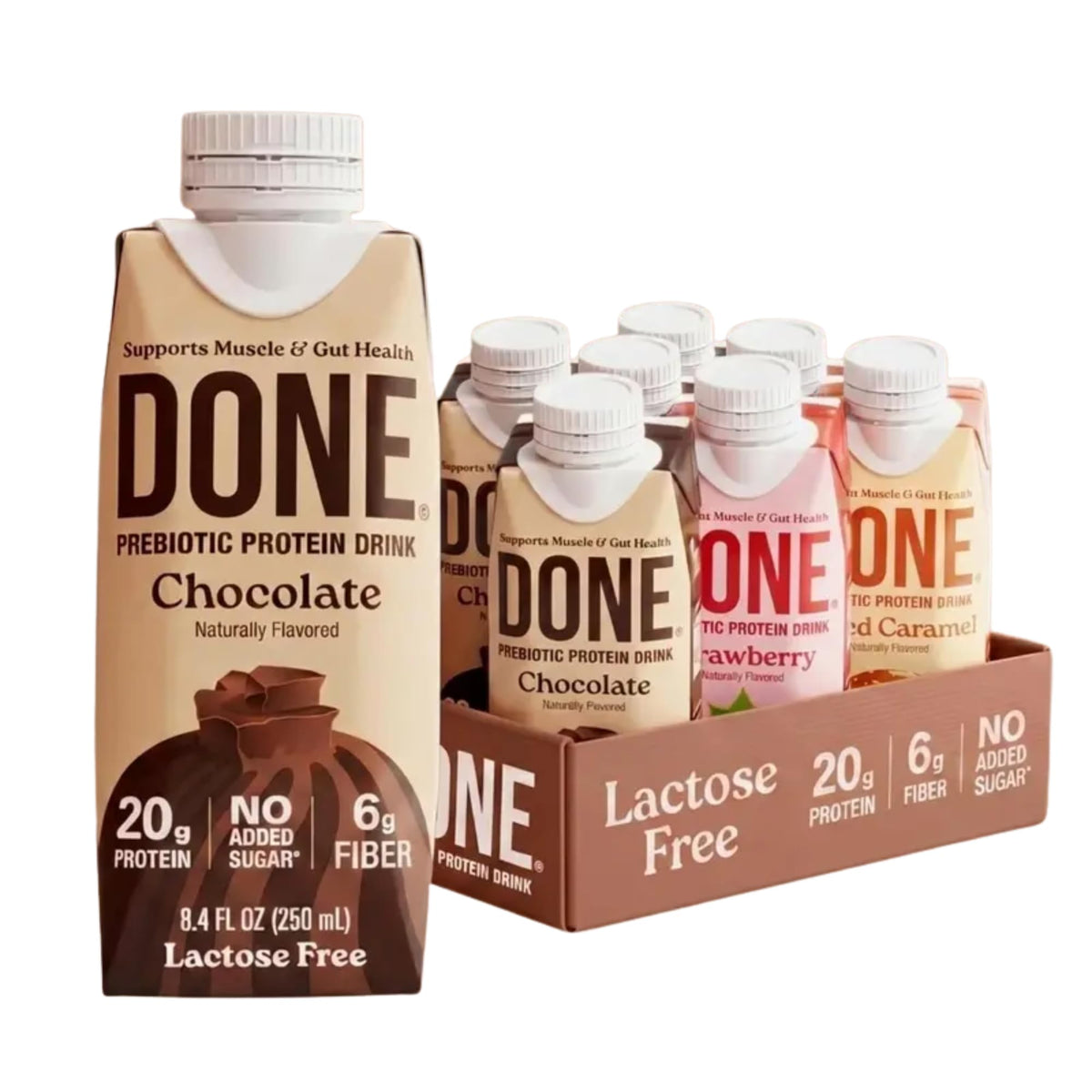 Done Prebiotic Protein Shake, Chocolate, 20g Protein, 8.4oz, 8 Pack | 20g Whey Protein, High Fiber, Prebiotic, Lactose & Gluten Free, No Added Sugar, Ready-to-Drink Shake, 8-Pack