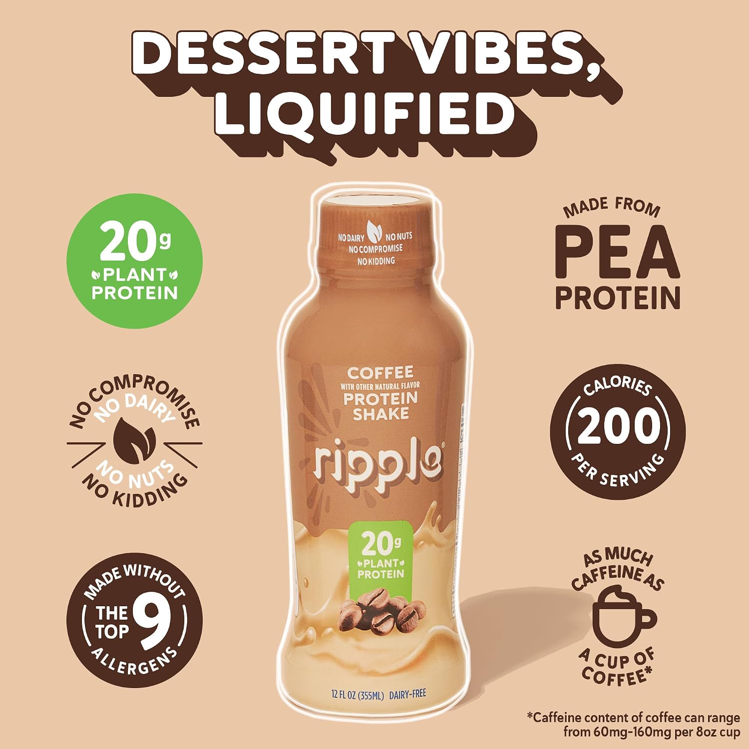 Ripple Coffee Plant Based Protein Shake | 20g of Quality Sourced Pea Protein, 100mg Caffeine, Calcium | Shelf Stable | Vegan & Non GMO | Dairy, Soy, Nut, & Gluten Free | 12 Fl Oz Bottles (Pack of 12)
