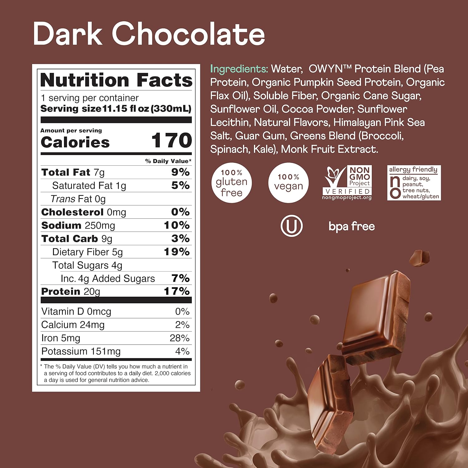 OWYN 20g Protein Shake, Chia Flax and Pea vegan protein blend with Prebiotics, Superfood Greens, gluten free, soy free. (Dark Chocolate, 12 Pack)