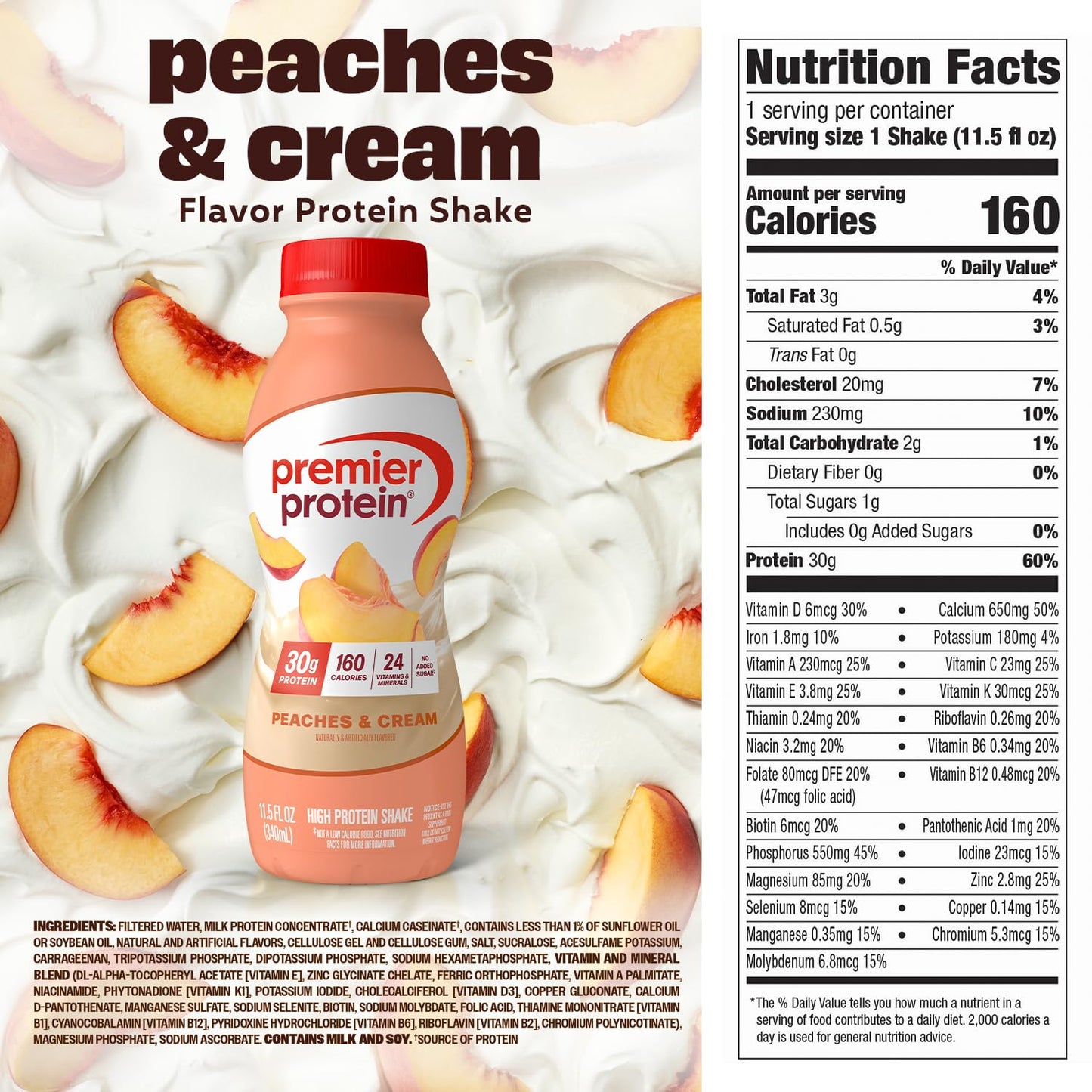 Premier Protein Shake, Peaches & Cream, 30g High Protein, 12 Pack