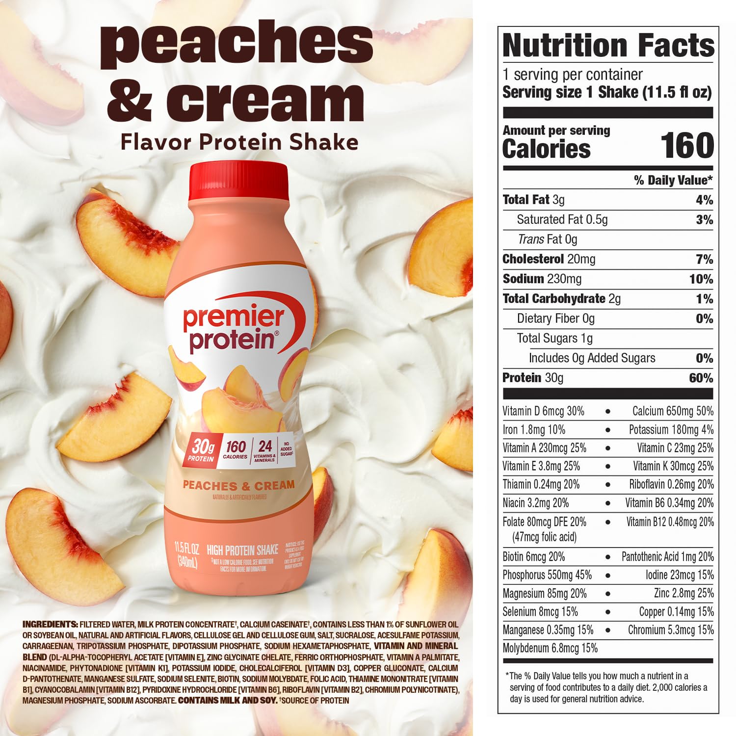 Premier Protein Shake, Peaches & Cream, 30g High Protein, 12 Pack