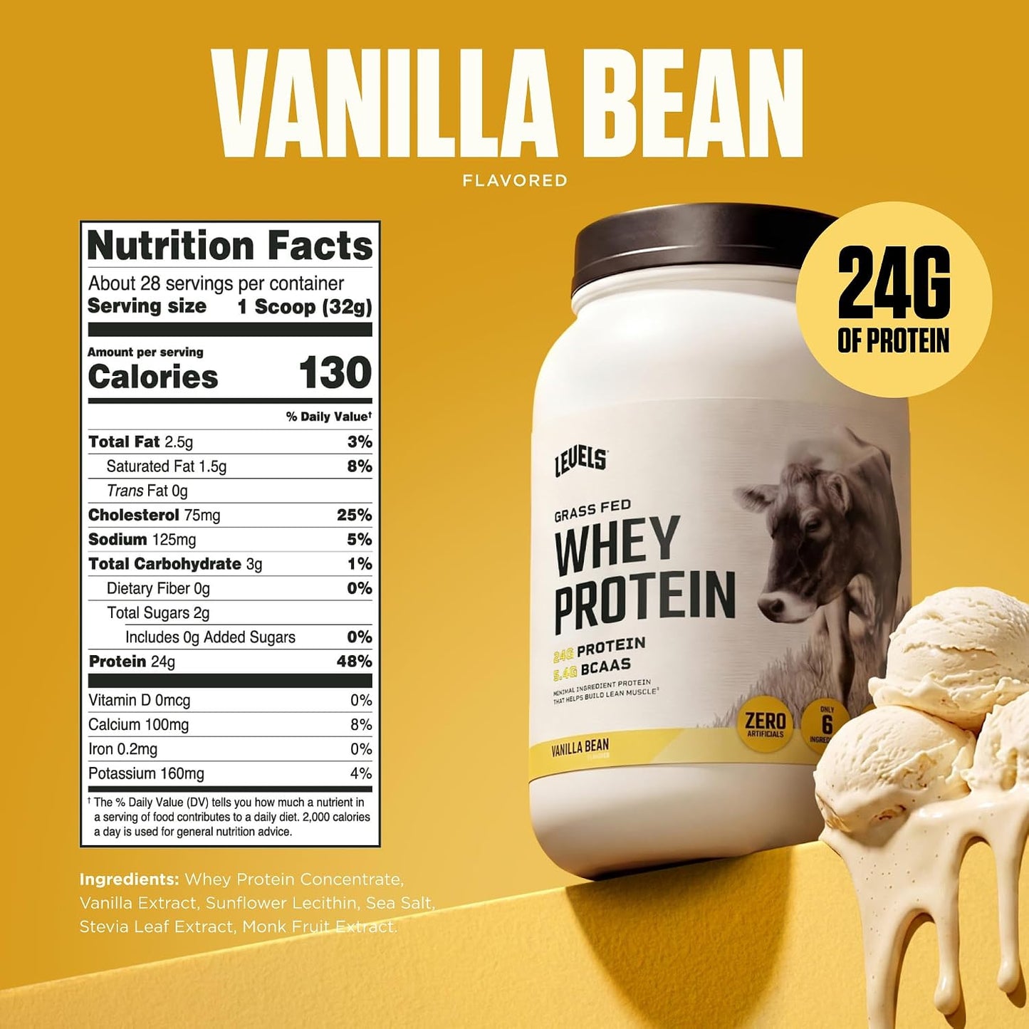 Levels Whey Protein Powder, No Artificial Ingredients, Vanilla Bean, 2LB | 24G of Protein, 5.4G BCAAs, Clean Ingredients, Hormone Free Dairy, No Fillers, No Added Sugar, No Junk
