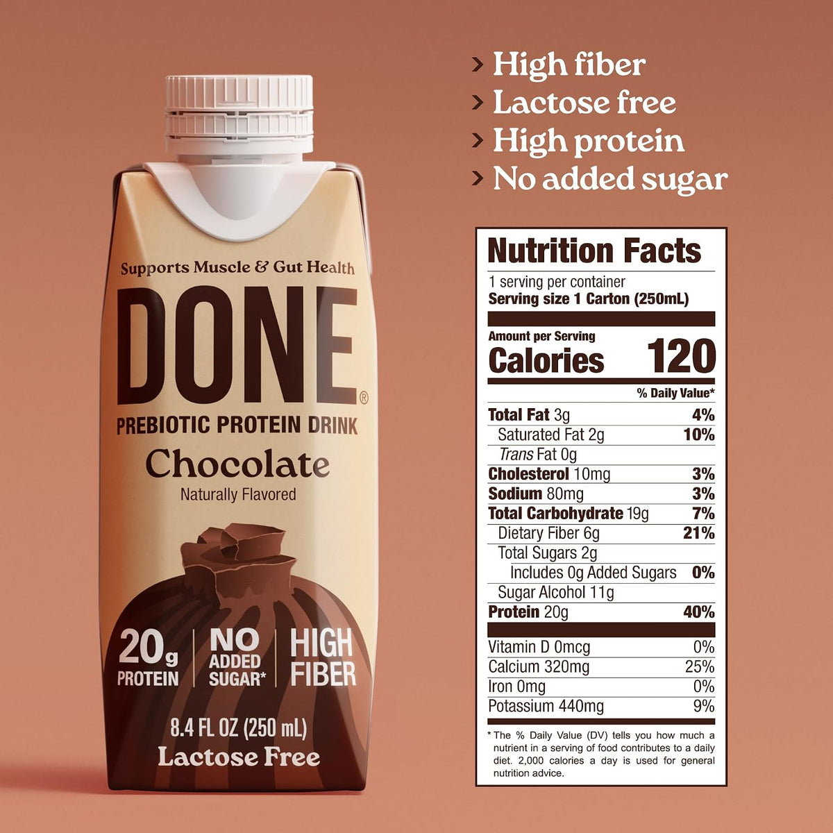 Done Prebiotic Protein Shake, Chocolate, 20g Protein, 8.4oz, 8 Pack | 20g Whey Protein, High Fiber, Prebiotic, Lactose & Gluten Free, No Added Sugar, Ready-to-Drink Shake, 8-Pack