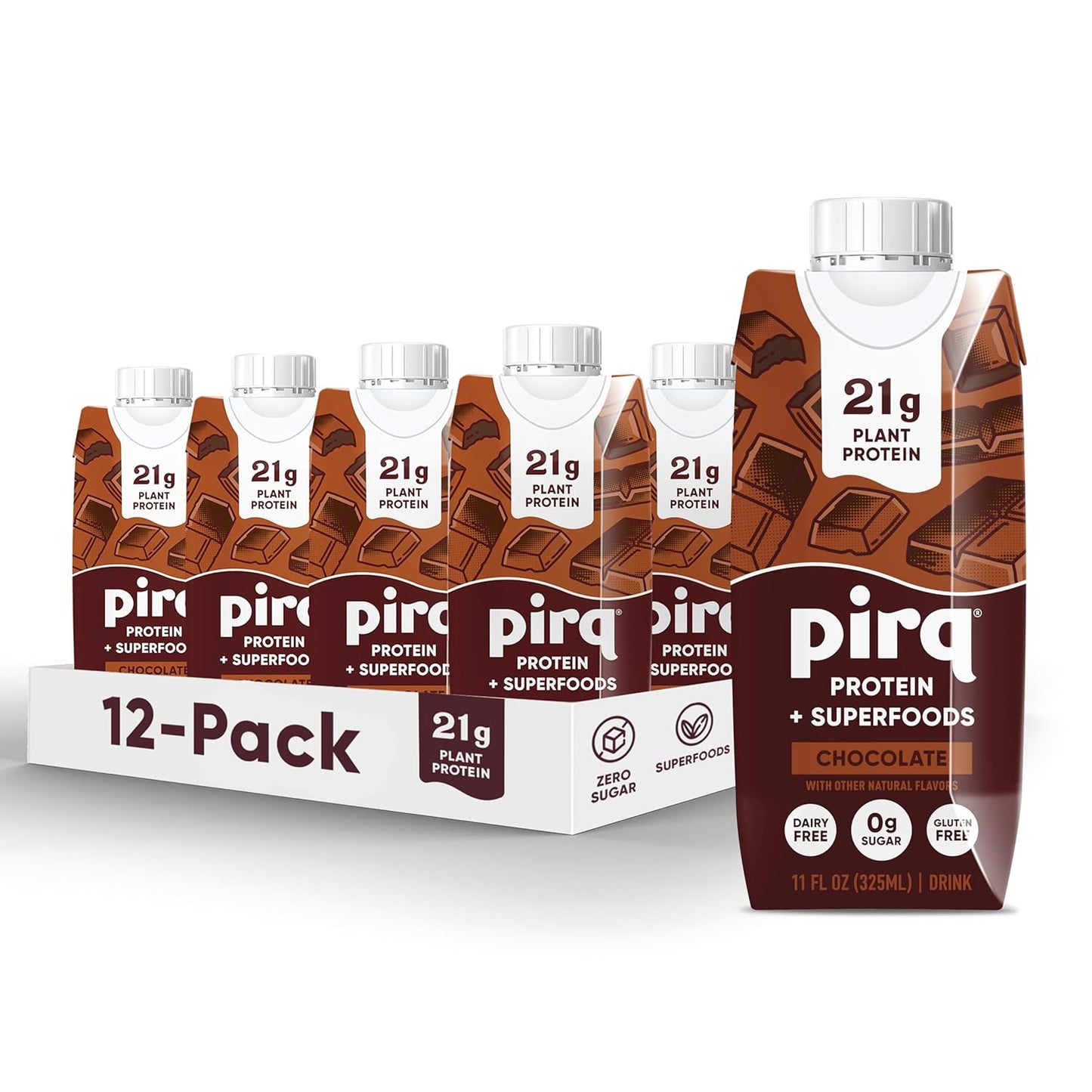 Pirq, 21g Dairy Free Protein Shake, 25 Superfoods, 0g Sugar, Plant-Based Protein Drink, Gluten-Free, Vegan, Kosher, Keto, Low Carb, Low Calorie (12 Pack) (Chocolate)