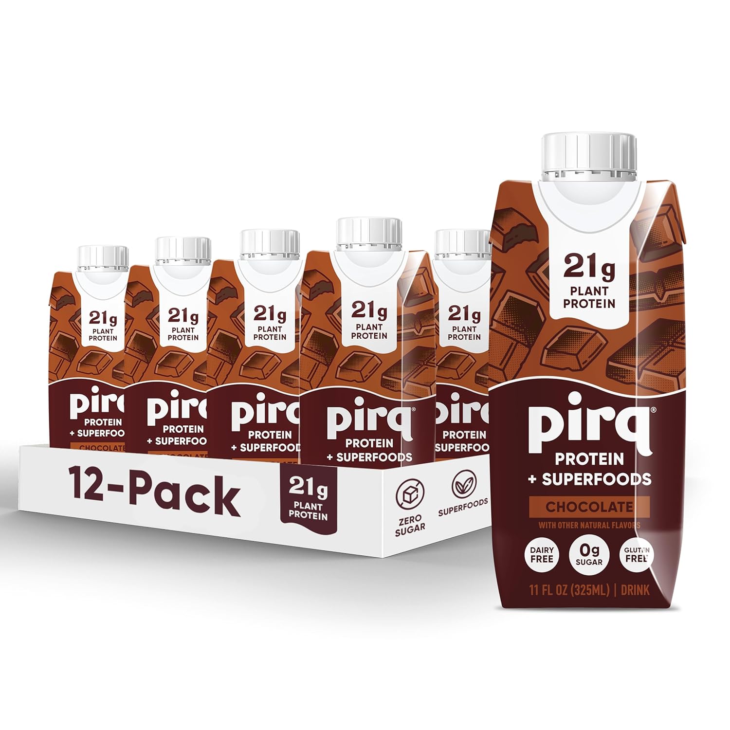 Pirq, 21g Dairy Free Protein Shake, 25 Superfoods, 0g Sugar, Plant-Based Protein Drink, Gluten-Free, Vegan, Kosher, Keto, Low Carb, Low Calorie (12 Pack) (Chocolate)