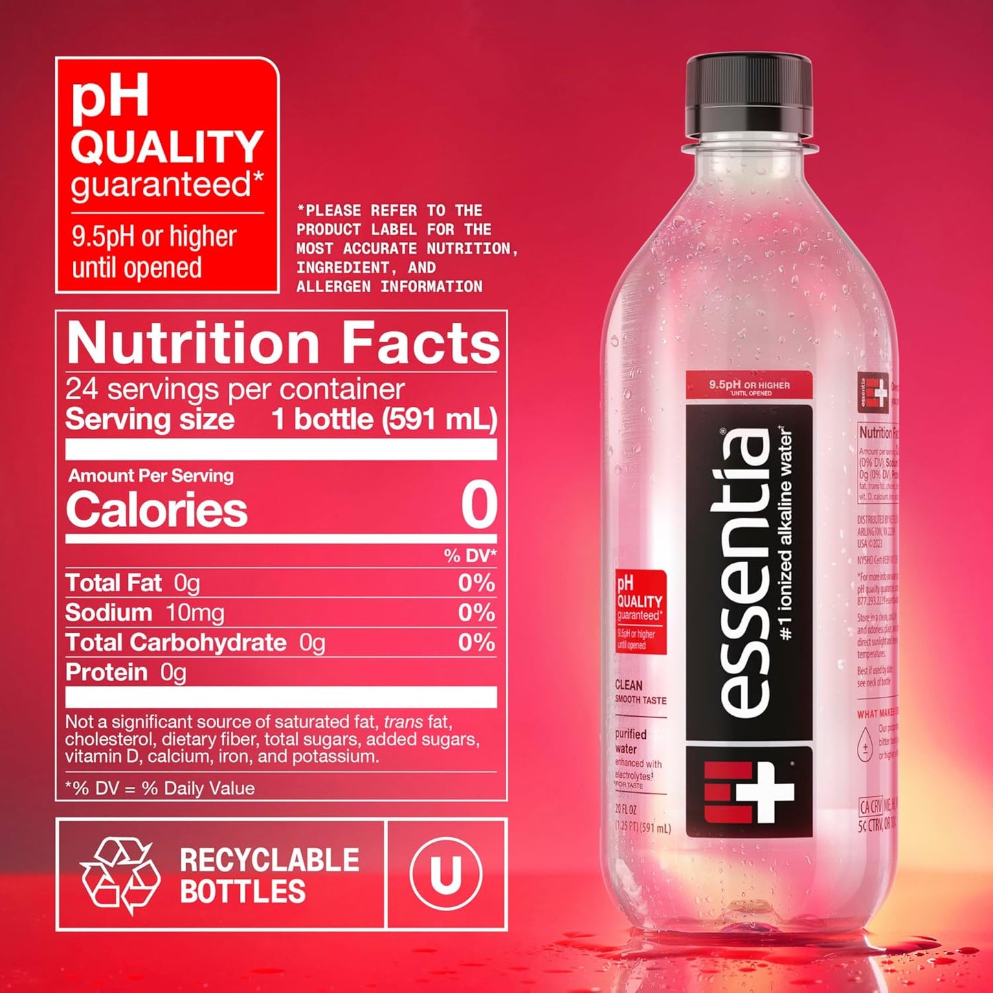 Essentia Water LLC, Ionized Alkaline Bottled Water; 99.9% Pure, Infused with Electrolytes, 9.5 pH or Higher a Clean, Smooth Taste, 20 Fl Oz (Pack of 24)
