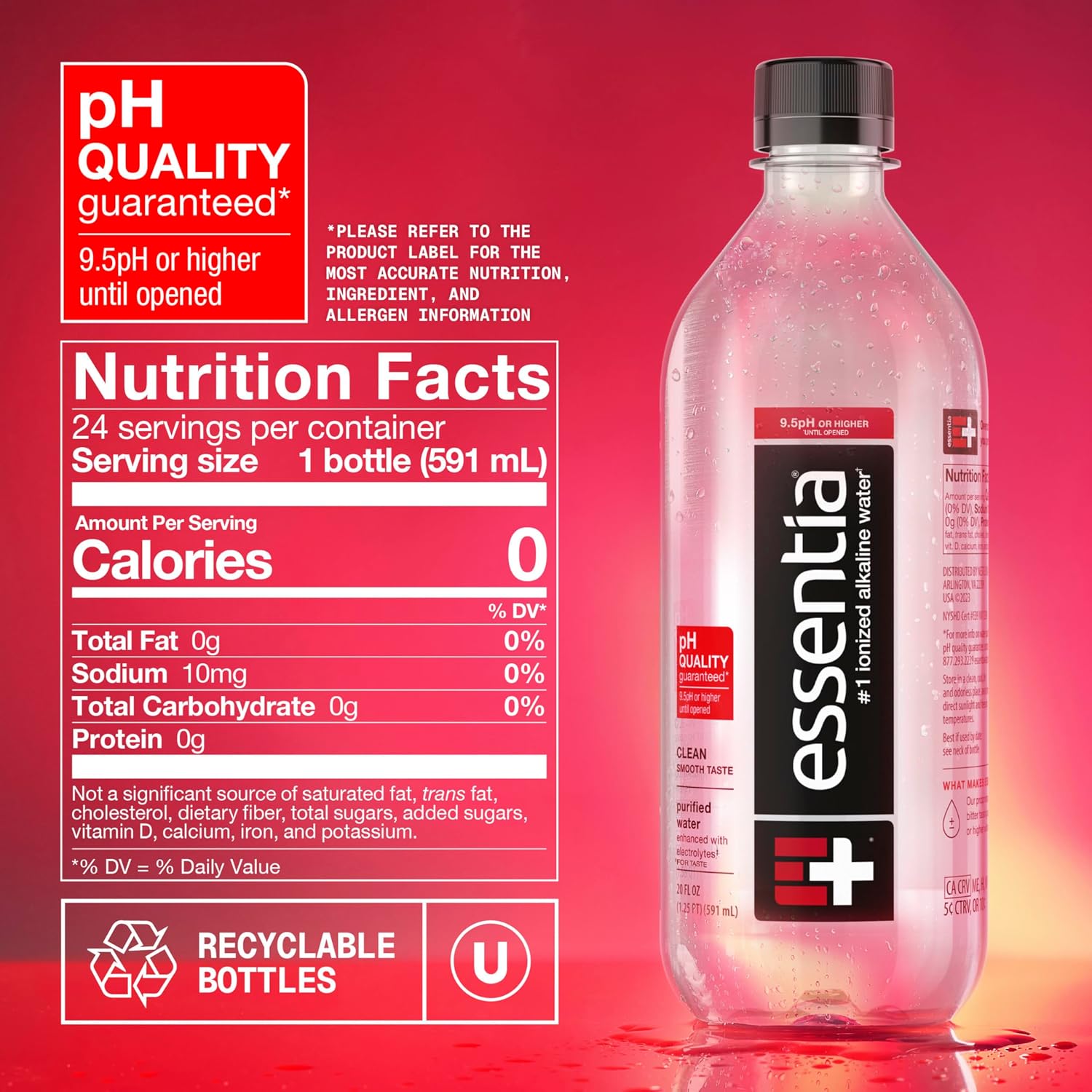 Essentia Water LLC, Ionized Alkaline Bottled Water; 99.9% Pure, Infused with Electrolytes, 9.5 pH or Higher a Clean, Smooth Taste, 20 Fl Oz (Pack of 24)