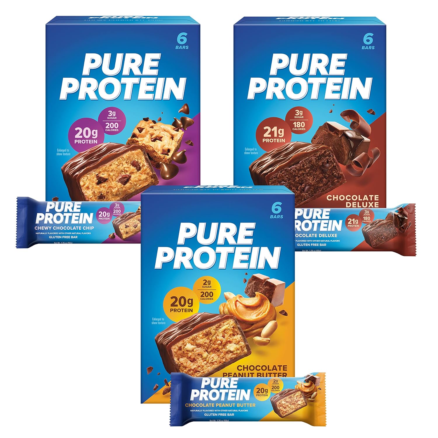 Pure Protein Variety Pack Protein Bars, 20g-21g Protein, Gluten Free, 18 Ct | 3g Sugar, 190 Calories, Low Sugar* High Protein Snack